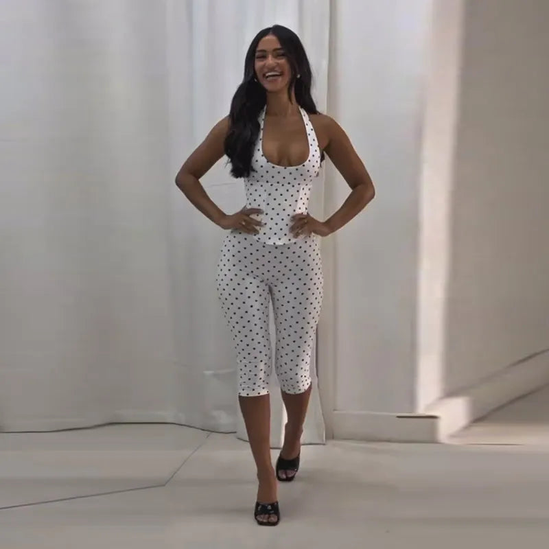 Fashion Women's Polka Dot Hang Halter Top Pants Sets Slim Fishbone Vest Capri Pants Set Two Piece 2026 Spring Lady Matching Suit