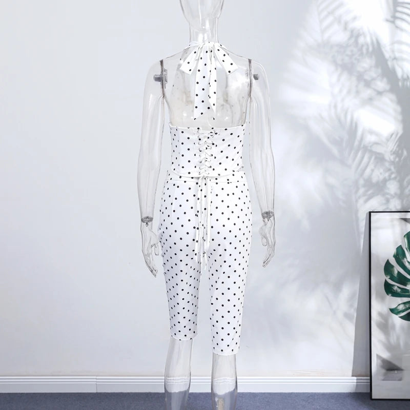 Fashion Women's Polka Dot Hang Halter Top Pants Sets Slim Fishbone Vest Capri Pants Set Two Piece 2026 Spring Lady Matching Suit