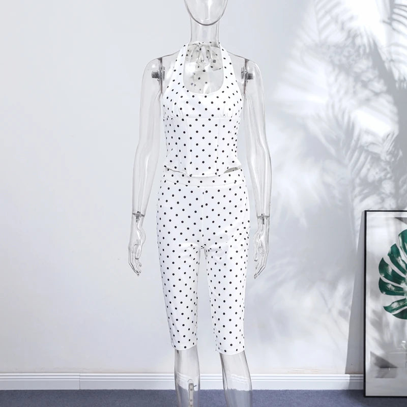 Fashion Women's Polka Dot Hang Halter Top Pants Sets Slim Fishbone Vest Capri Pants Set Two Piece 2026 Spring Lady Matching Suit