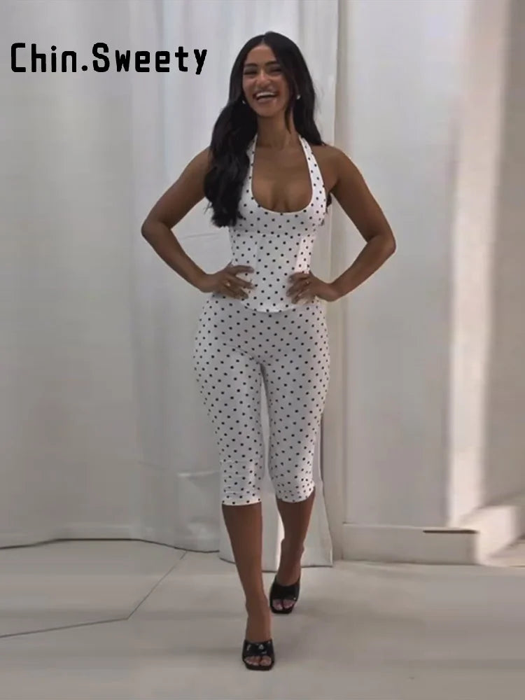 Fashion Women's Polka Dot Hang Halter Top Pants Sets Slim Fishbone Vest Capri Pants Set Two Piece 2026 Spring Lady Matching Suit